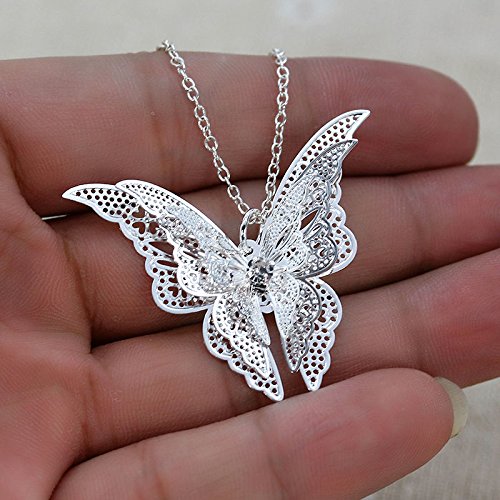 Glittering Silver Lace Butterfly Pendant Necklace