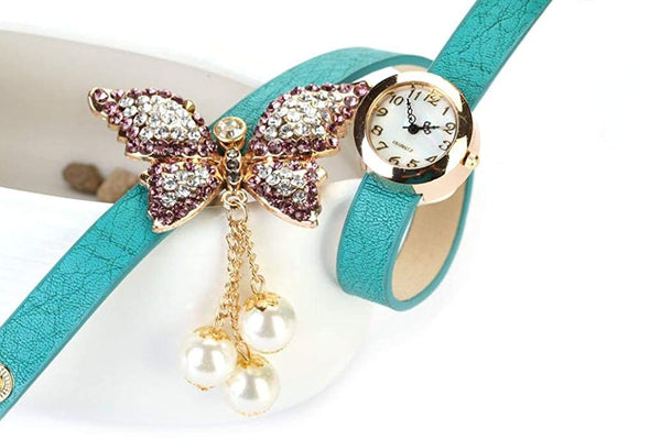 Dancing Pearls & Rhinestone Butterfly Bracelet Watch