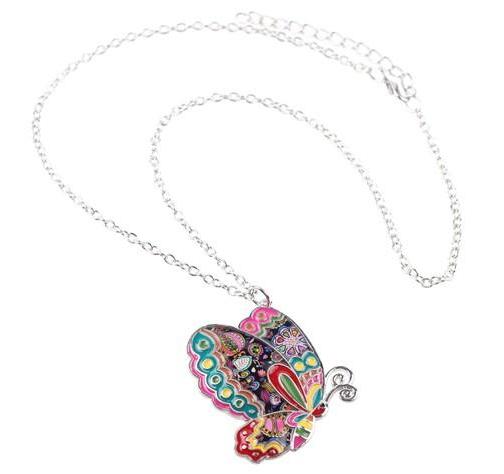 Multicolored Butterfly Enamel Pendant Necklace