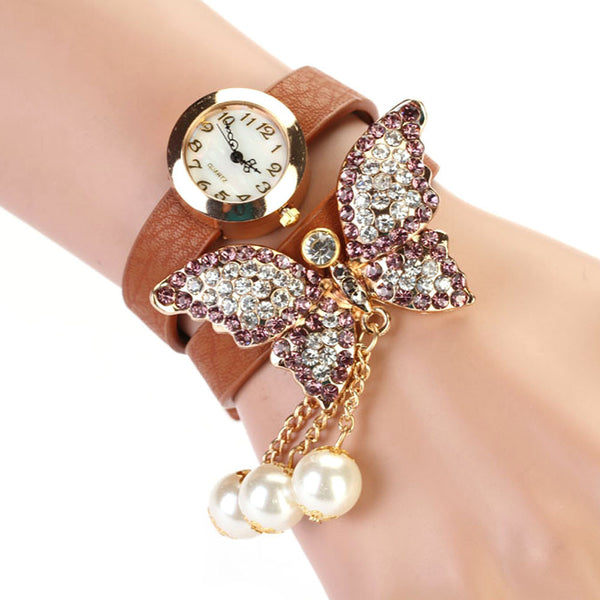 Dancing Pearls & Rhinestone Butterfly Bracelet Watch